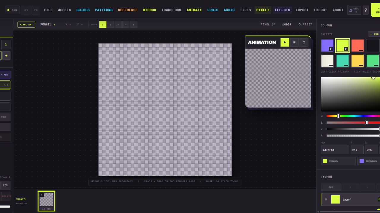 The Sprite Lab editor with its pixel art canvas, colour palette, layers and animation preview.